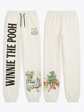 Disney Cream Winnie the Pooh Track Pants with Brown Logo and Colorful Print
